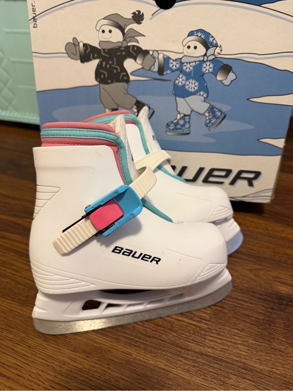 Bauer Kids White Ice Skates with Pink and Teal Accents